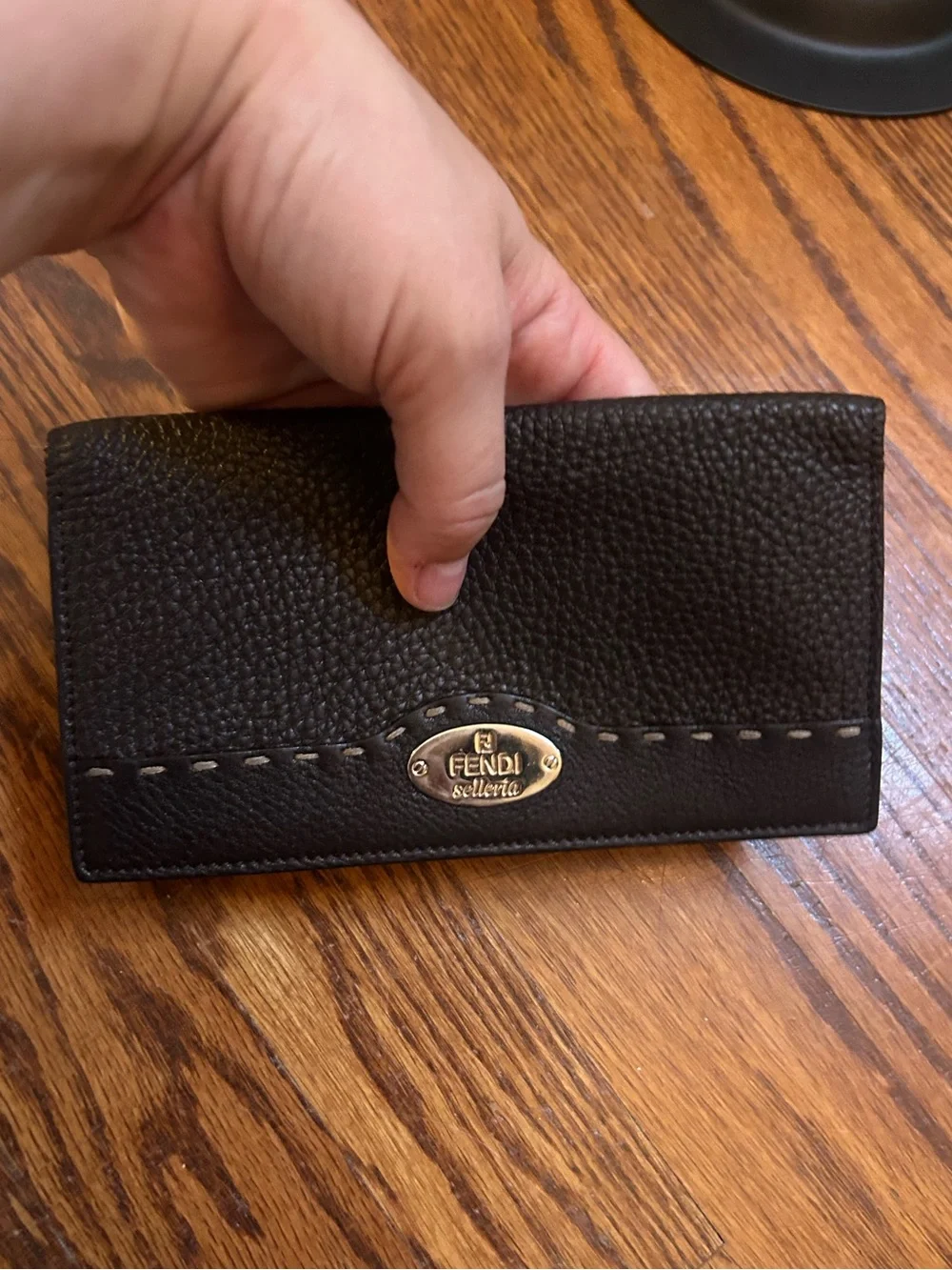 Authentic Fendi Selleria Black Pebbled Leather Checkbook Wallet Long Bifold COA